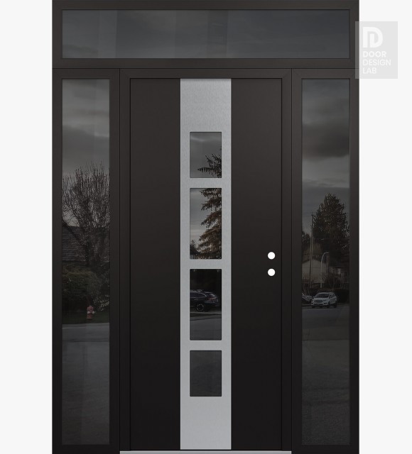 Modern Steel Front Door DIAMOND A10 68" X 96" BLACK/BLACK MIRRORED GLASS PANEL STAINLESS STEEL LHI WITH 2 SIDELITES AND TRANSOM MIRRORED GLASS