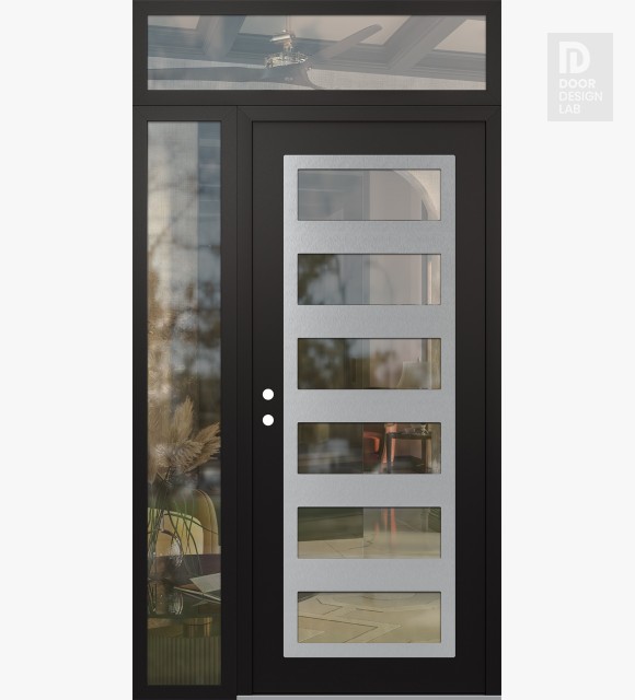 Modern Steel Front Door Diamond C9 48" x 96" black/black clear Glass Panel stainless steel RHI with Sidelite and Transom clear Glass