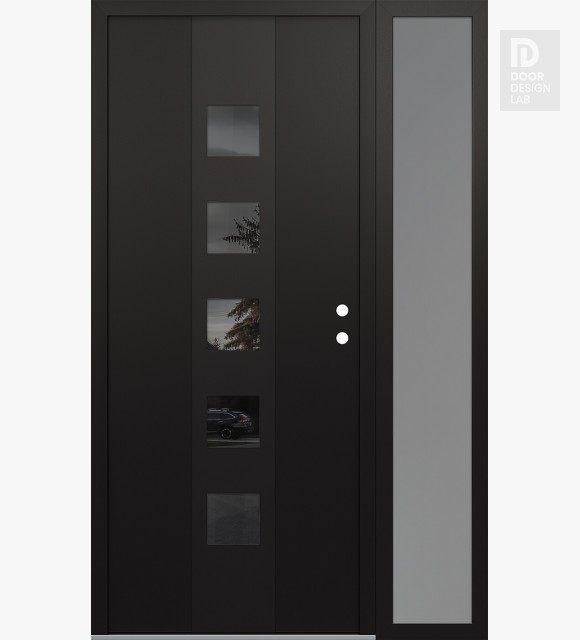 Modern Steel Front Door DIAMOND A13 50" X 80" BLACK/BLACK MIRRORED GLASS PANEL BLACK LHI WITH SIDELITE FROSTED GLASS