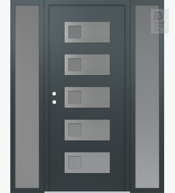 Modern Steel Front Door Diamond D2 68" x 80" anthracite/anthracite frosted Glass Panel stainless steel RHI with 2 Sidelites frosted Glass