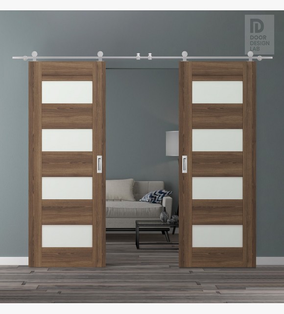DOUBLE BARN DOOR AVON 07-08 VETRO PECAN NUTWOOD 56" X 84" X 1 3/4" STAINLESS STEEL HARDWARE