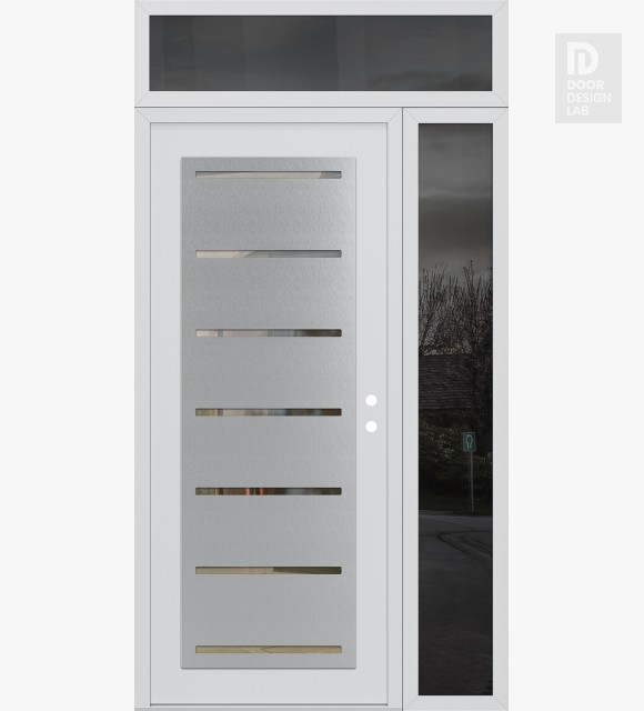 Modern Steel Front Door Diamond C11 50" x 96" white/white clear Glass Panel stainless steel LHI with Sidelite and Transom mirrored Glass