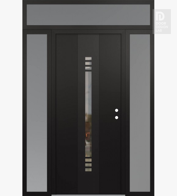 Modern Steel Front Door DIAMOND A5 64" X 96" BLACK/BLACK CLEAR GLASS PANEL BLACK LHI WITH 2 SIDELITES AND TRANSOM FROSTED GLASS