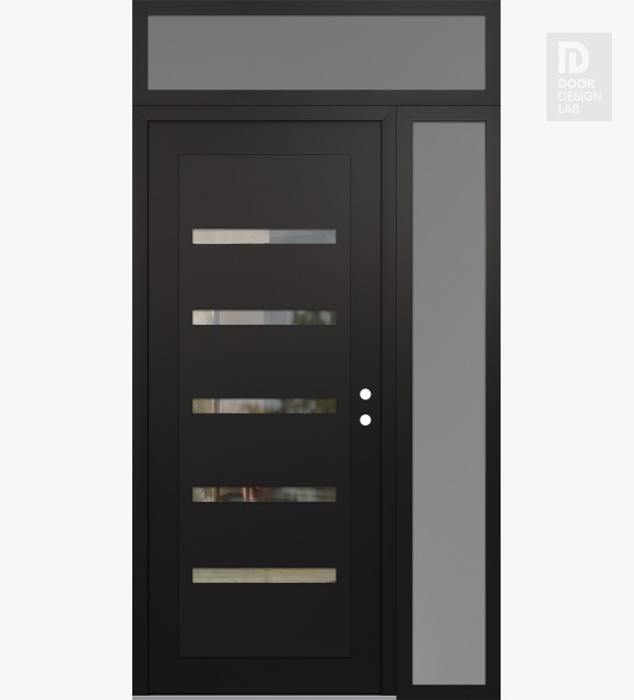 Modern Steel Front Door Diamond C7 50" x 96" black/black clear Glass Panel black LHI with Sidelite and Transom frosted Glass