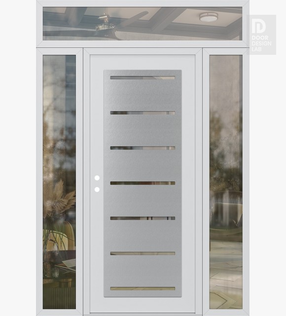 Modern Steel Front Door Diamond C11 68" x 96" white/white clear Glass Panel stainless steel RHI with 2 Sidelites and Transom clear Glass