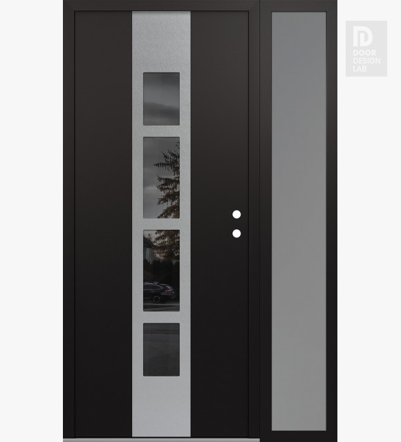 Modern Steel Front Door DIAMOND A10 48" X 80" BLACK/BLACK MIRRORED GLASS PANEL STAINLESS STEEL LHI WITH SIDELITE FROSTED GLASS