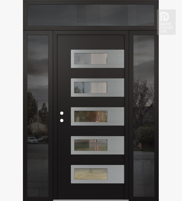 Modern Steel Front Door Diamond D3 64" x 96" black/black clear Glass Panel stainless steel RHI with 2 Sidelites and Transom mirrored Glass