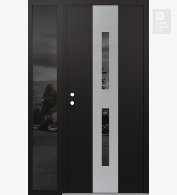 Modern Steel Front Door DIAMOND A6 48" X 80" BLACK/BLACK MIRRORED GLASS PANEL STAINLESS STEEL RHI WITH SIDELITE MIRRORED GLASS