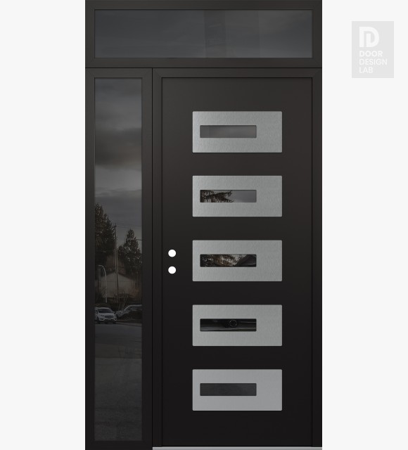 Modern Steel Front Door Diamond D6 48" x 96" black/black mirrored Glass Panel stainless steel RHI with Sidelite and Transom mirrored Glass