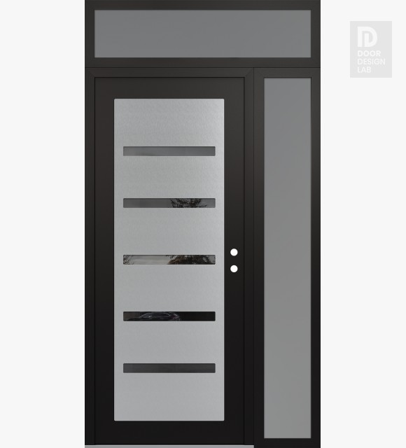 Modern Steel Front Door Diamond C7 50" x 96" black/black mirrored Glass Panel stainless steel LHI with Sidelite and Transom frosted Glass