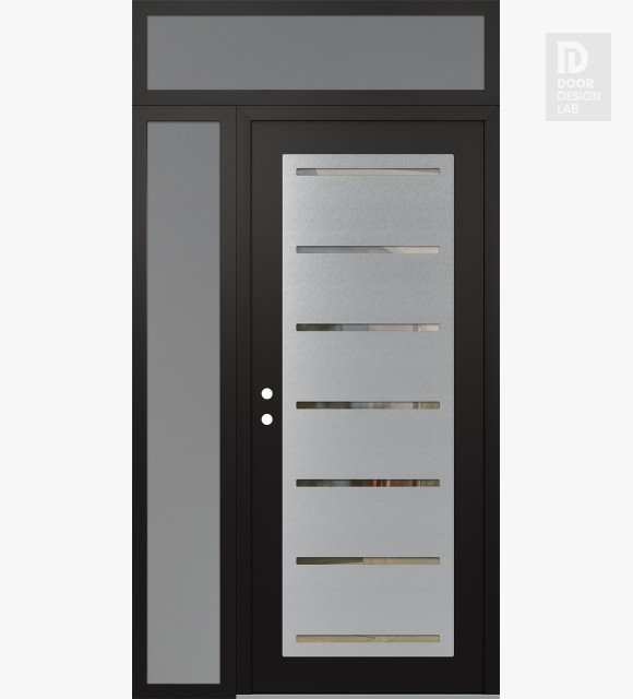 Modern Steel Front Door Diamond C11 50" x 96" black/black clear Glass Panel stainless steel RHI with Sidelite and Transom frosted Glass