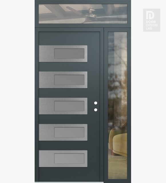 Modern Steel Front Door Diamond D3 48" x 96" anthracite/anthracite frosted Glass Panel stainless steel LHI with Sidelite and Transom clear Glass