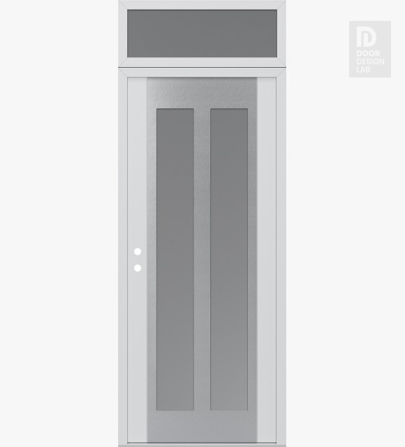 Modern Steel Front Door Diamond C14 36" x 96" white/white frosted Glass Panel stainless steel RHI with Transom frosted Glass