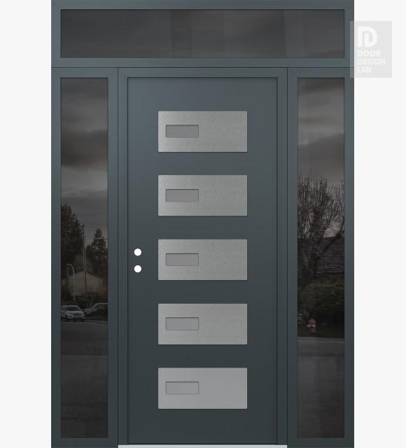 Modern Steel Front Door Diamond D7 64" x 96" anthracite/anthracite frosted Glass Panel stainless steel RHI with 2 Sidelites and Transom mirrored Glass