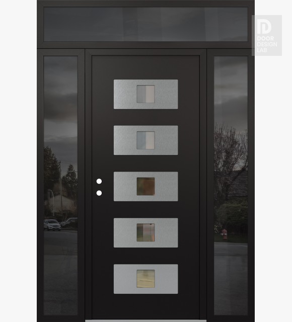 Modern Steel Front Door Diamond D8 64" x 96" black/black clear Glass Panel stainless steel RHI with 2 Sidelites and Transom mirrored Glass
