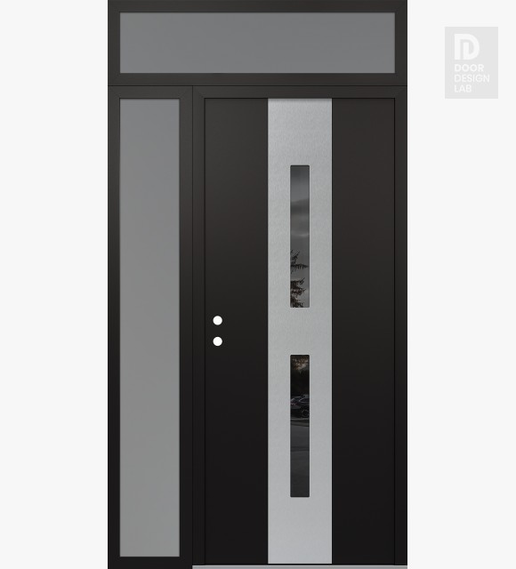 Modern Steel Front Door DIAMOND A6 50" X 96" BLACK/BLACK MIRRORED GLASS PANEL STAINLESS STEEL RHI WITH SIDELITE AND TRANSOM FROSTED GLASS