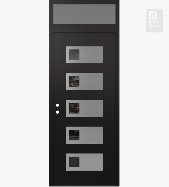 Modern Steel Front Door Diamond D2 36" x 96" black/black mirrored Glass Panel stainless steel RHI with Transom frosted Glass