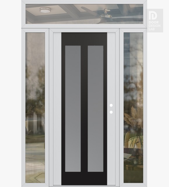 Modern Steel Front Door Diamond C14 60" x 96" white/white frosted Glass Panel black LHI with 2 Sidelites and Transom clear Glass