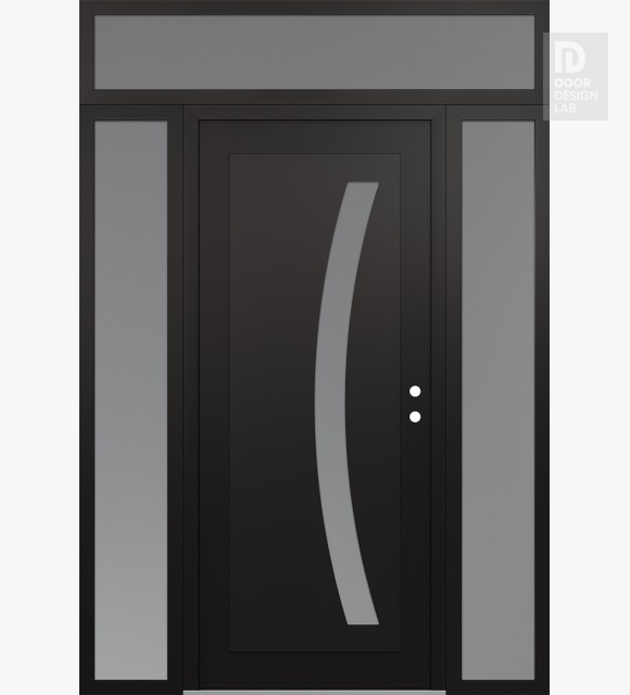 Modern Steel Front Door Diamond C4 68" x 96" black/white frosted Glass Panel black LHI with 2 Sidelites and Transom frosted Glass