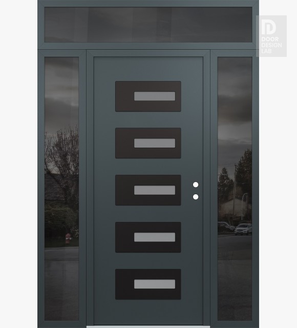 Modern Steel Front Door Diamond D6 64" x 96" anthracite/anthracite frosted Glass Panel black LHI with 2 Sidelites and Transom mirrored Glass