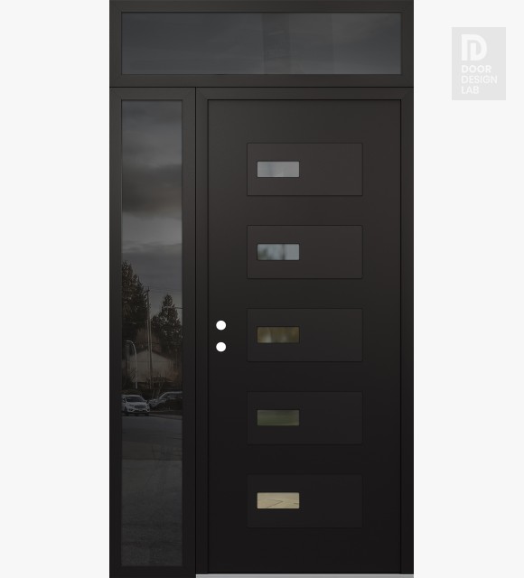 Modern Steel Front Door Diamond D7 48" x 96" black/black clear Glass Panel black RHI with Sidelite and Transom mirrored Glass