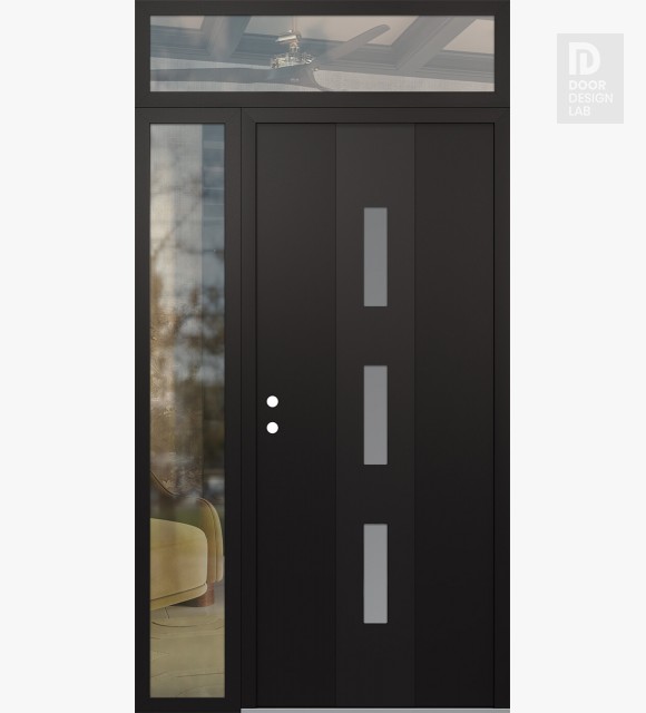 Modern Steel Front Door DIAMOND A7 48" X 96" BLACK/WHITE FROSTED GLASS PANEL BLACK RHI WITH SIDELITE AND TRANSOM CLEAR GLASS