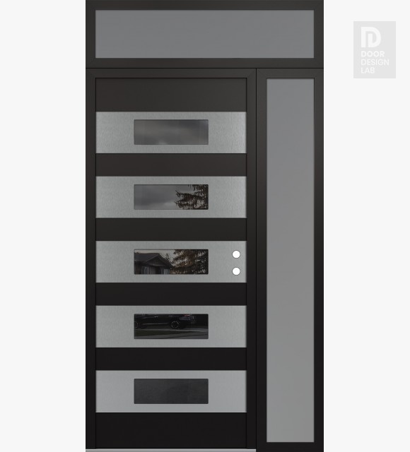 Modern Steel Front Door Diamond D5 52" x 96" black/black mirrored Glass Panel stainless steel LHI with Sidelite and Transom frosted Glass