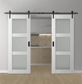 DOUBLE BARN DOOR PALLADIO 3 LITE VETRO BIANCO NOBLE 72" X 96" X 1 9/16" TEMPERED FROSTED GLASS BLACK HARDWARE