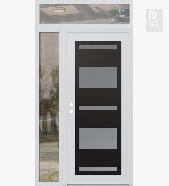 Modern Steel Front Door Diamond C10 52" x 96" white/white frosted Glass Panel black RHI with Sidelite and Transom clear Glass