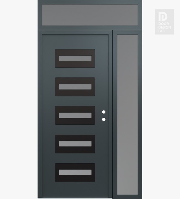 Modern Steel Front Door Diamond D4 48" x 96" anthracite/anthracite frosted Glass Panel black LHI with Sidelite and Transom frosted Glass