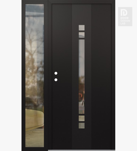 Modern Steel Front Door DIAMOND A4 52" X 80" BLACK/BLACK CLEAR GLASS PANEL BLACK RHI WITH SIDELITE CLEAR GLASS