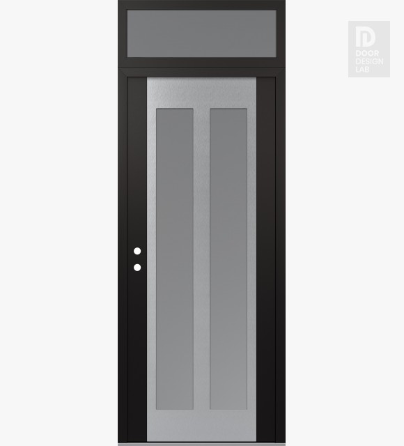 Modern Steel Front Door Diamond C14 36" x 96" black/white frosted Glass Panel stainless steel RHI with Transom frosted Glass