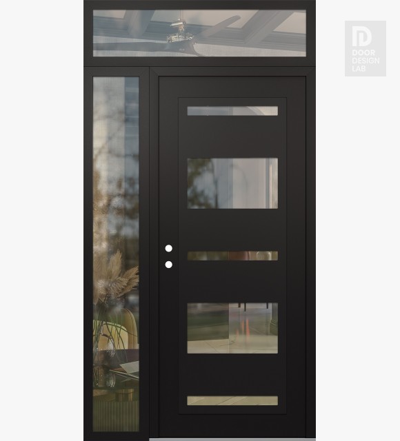 Modern Steel Front Door Diamond C10 48" x 96" black/black clear Glass Panel black RHI with Sidelite and Transom clear Glass