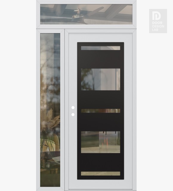 Modern Steel Front Door Diamond C10 50" x 96" white/white clear Glass Panel black RHI with Sidelite and Transom clear Glass