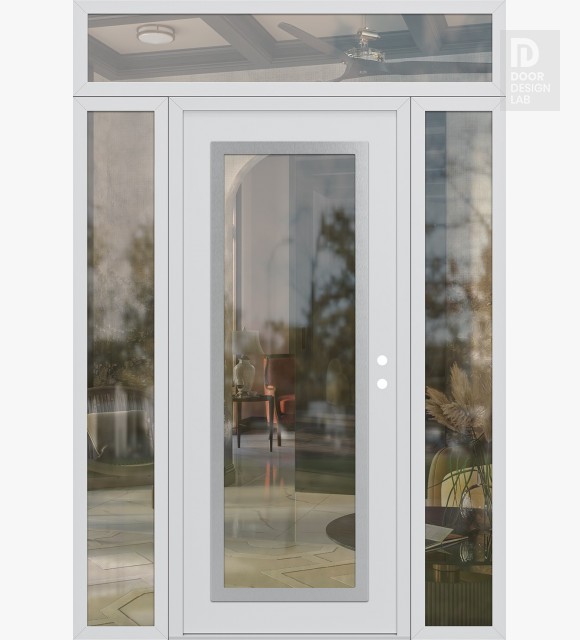 Modern Steel Front Door Diamond C1 64" x 96" white/white clear Glass Panel stainless steel LHI with 2 Sidelites and Transom clear Glass