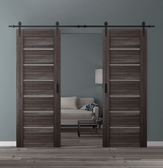 DOUBLE BARN DOOR ALBA GRAY OAK 72" X 84" X 1 9/16" BLACK HARDWARE