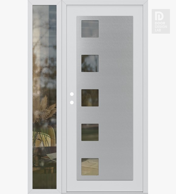 Modern Steel Front Door Diamond C5 50" x 80" white/white clear Glass Panel stainless steel RHI with Sidelite clear Glass