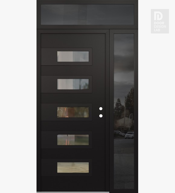 Modern Steel Front Door Diamond D3 52" x 96" black/black clear Glass Panel black LHI with Sidelite and Transom mirrored Glass