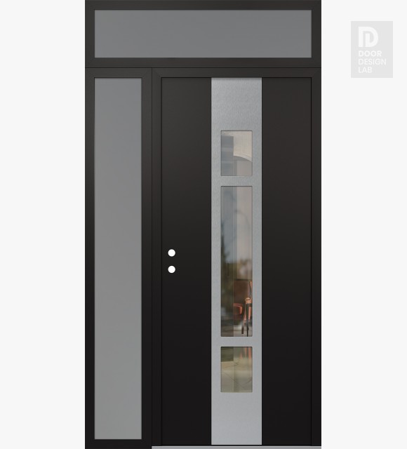 Modern Steel Front Door DIAMOND A9 52" X 96" BLACK/BLACK CLEAR GLASS PANEL STAINLESS STEEL RHI WITH SIDELITE AND TRANSOM FROSTED GLASS