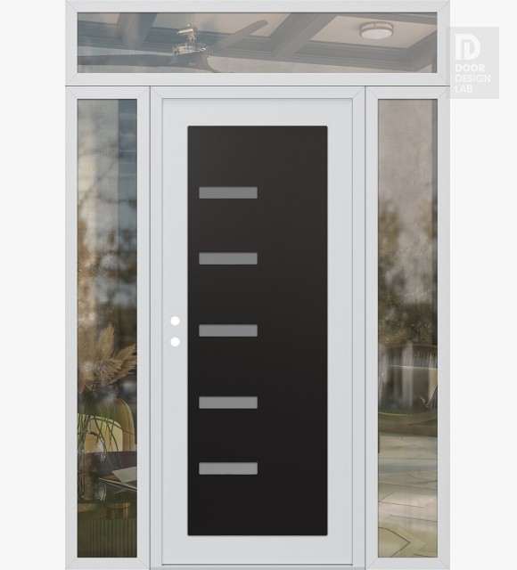Modern Steel Front Door Diamond C8 64" x 96" white/white frosted Glass Panel black RHI with 2 Sidelites and Transom clear Glass