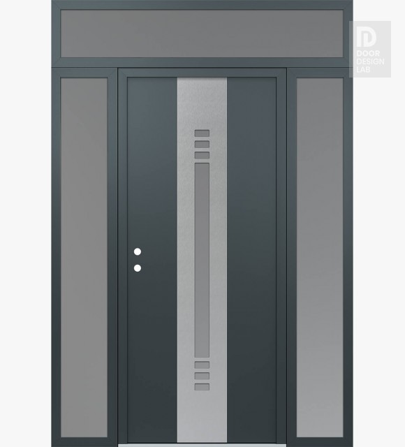 Modern Steel Front Door DIAMOND A5 60" X 96" ANTHRACITE/ANTHRACITE FROSTED GLASS PANEL STAINLESS STEEL RHI WITH 2 SIDELITES AND TRANSOM FROSTED GLASS