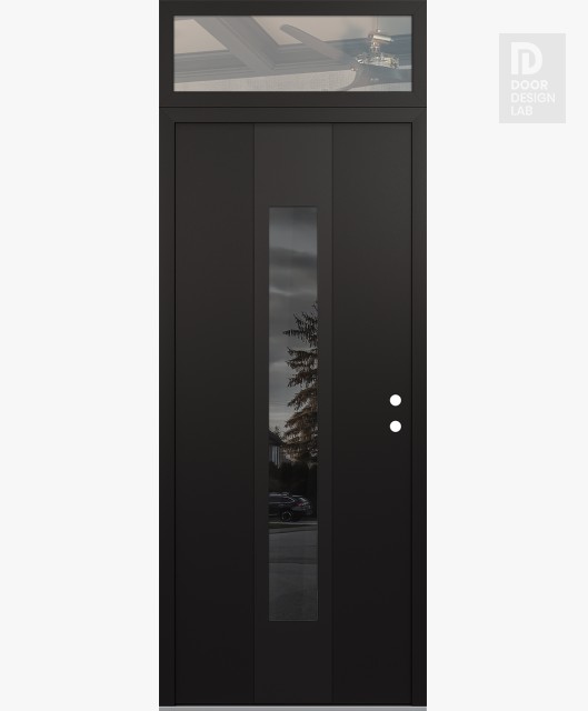 Modern Steel Front Door DIAMOND A1 36" X 96" BLACK/BLACK MIRRORED GLASS PANEL BLACK LHI WITH TRANSOM CLEAR GLASS