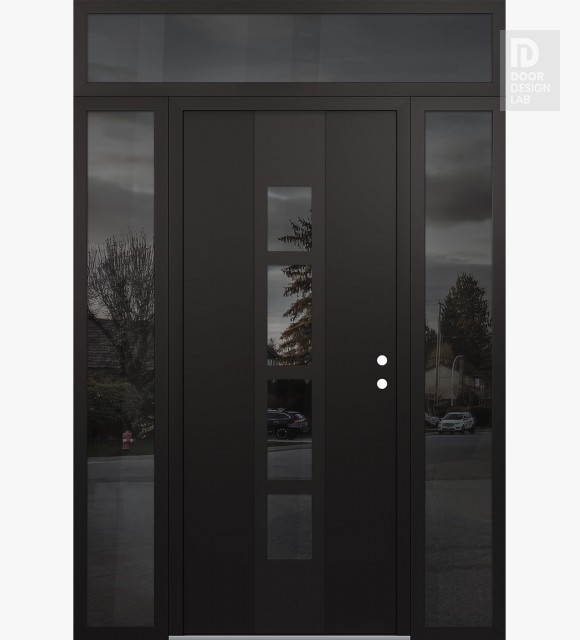 Modern Steel Front Door DIAMOND A10 68" X 96" BLACK/BLACK MIRRORED GLASS PANEL BLACK LHI WITH 2 SIDELITES AND TRANSOM MIRRORED GLASS