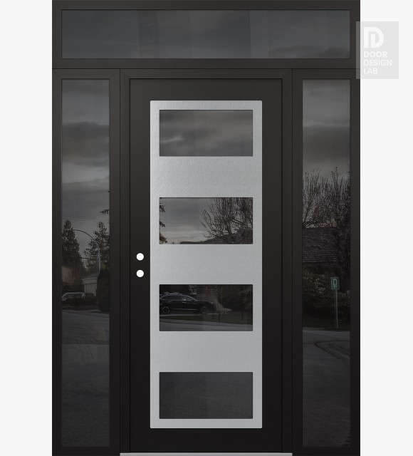 Modern Steel Front Door Diamond C2 60" x 96" black/black mirrored Glass Panel stainless steel RHI with 2 Sidelites and Transom mirrored Glass