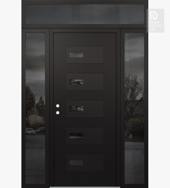 Modern Steel Front Door Diamond D7 64" x 96" black/black mirrored Glass Panel black RHI with 2 Sidelites and Transom mirrored Glass