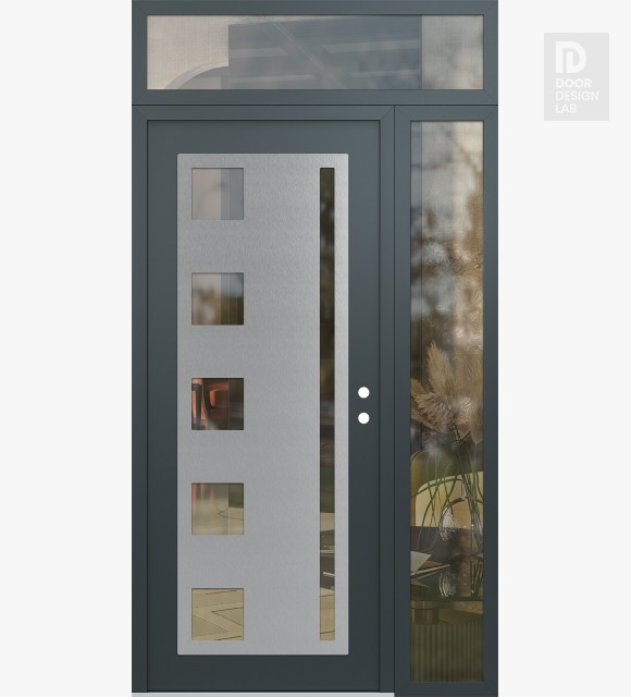 Modern Steel Front Door Diamond C3 50" x 96" anthracite/anthracite clear Glass Panel stainless steel LHI with Sidelite and Transom clear Glass