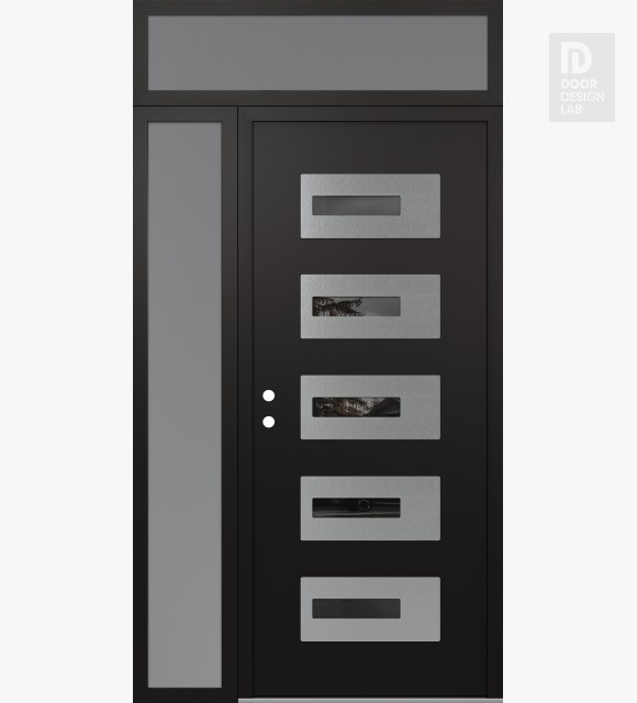 Modern Steel Front Door Diamond D6 48" x 96" black/black mirrored Glass Panel stainless steel RHI with Sidelite and Transom frosted Glass