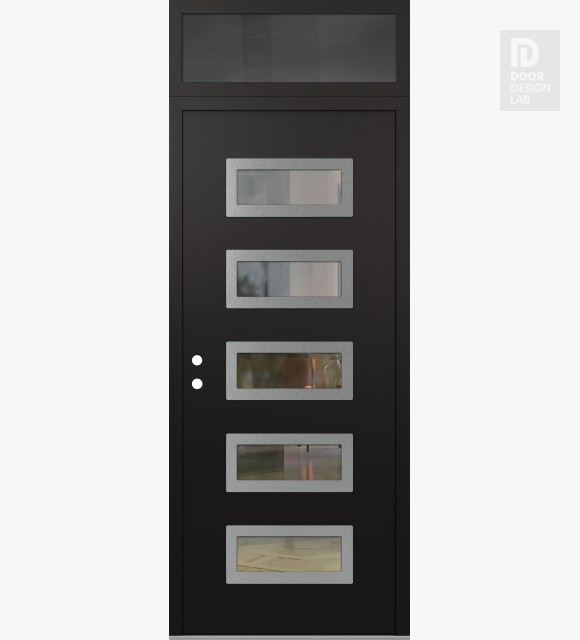 Modern Steel Front Door Diamond D1 36" x 96" black/black clear Glass Panel stainless steel RHI with Transom mirrored Glass