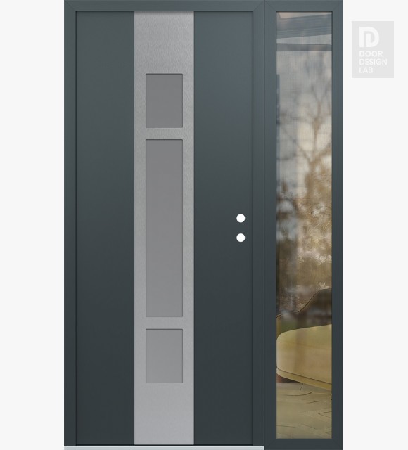 Modern Steel Front Door DIAMOND A9 52" X 80" ANTHRACITE/ANTHRACITE FROSTED GLASS PANEL STAINLESS STEEL LHI WITH SIDELITE CLEAR GLASS