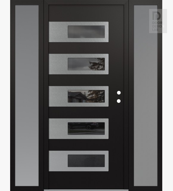 Modern Steel Front Door Diamond D3 68" x 80" black/black mirrored Glass Panel stainless steel LHI with 2 Sidelites frosted Glass